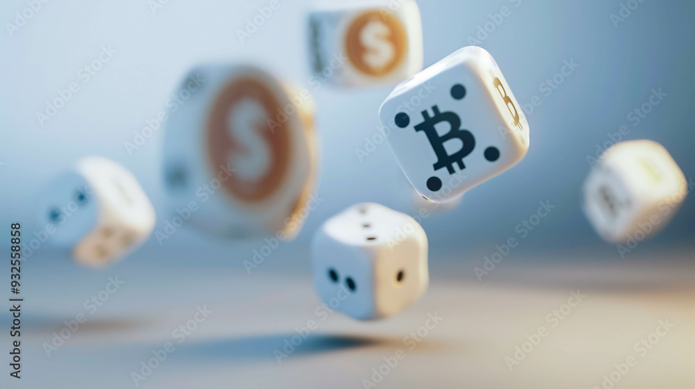 Detailed Floating Dice with Dollar and Bitcoin Symbols Detailed Floating Dice with Dollar and Bitcoin Symbols