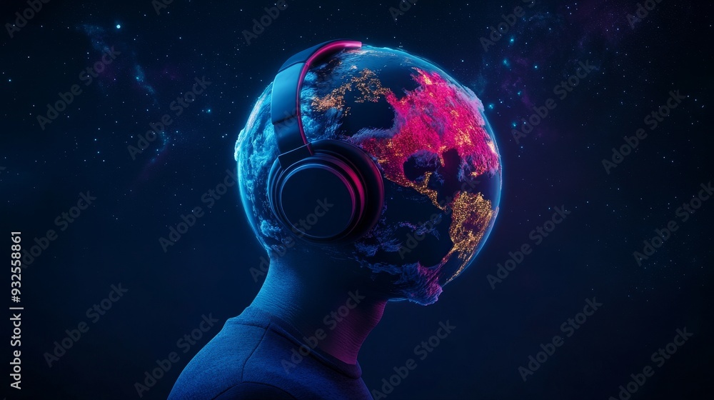 Human figure with Earth as head wearing headphones in futuristic ...