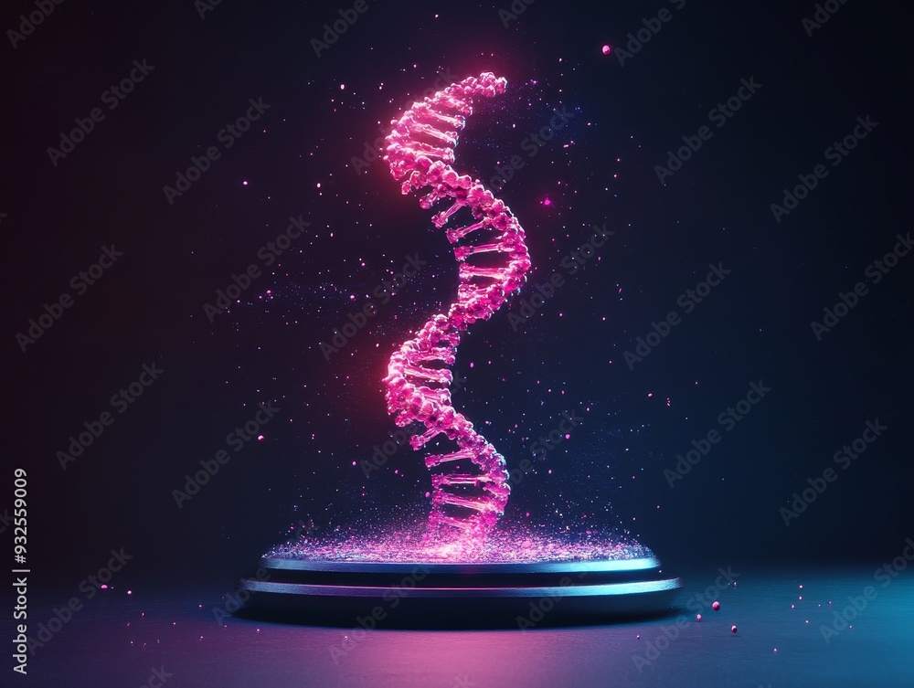 Obraz premium Glowing pink DNA helix structure floating above futuristic platform in dark scientific environment