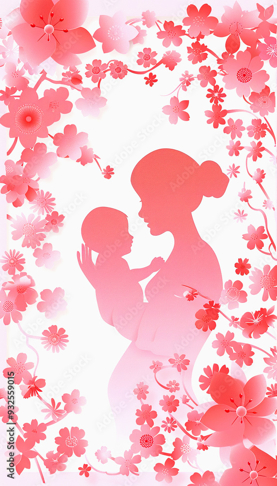 Mother and Child Silhouette Framed by Pink Flowers Mother and Child Silhouette Framed by Pink Flowers