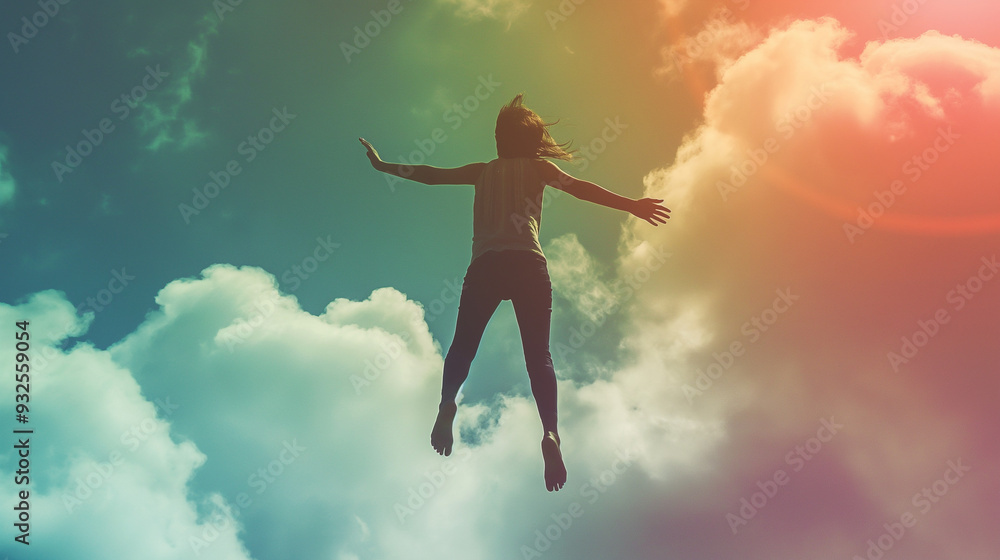 Silhouette of a person flying through a vibrant, sunlit sky with colorful clouds and light flares. Silhouette of a person flying through a vibrant, sunlit sky with colorful clouds and light flares.