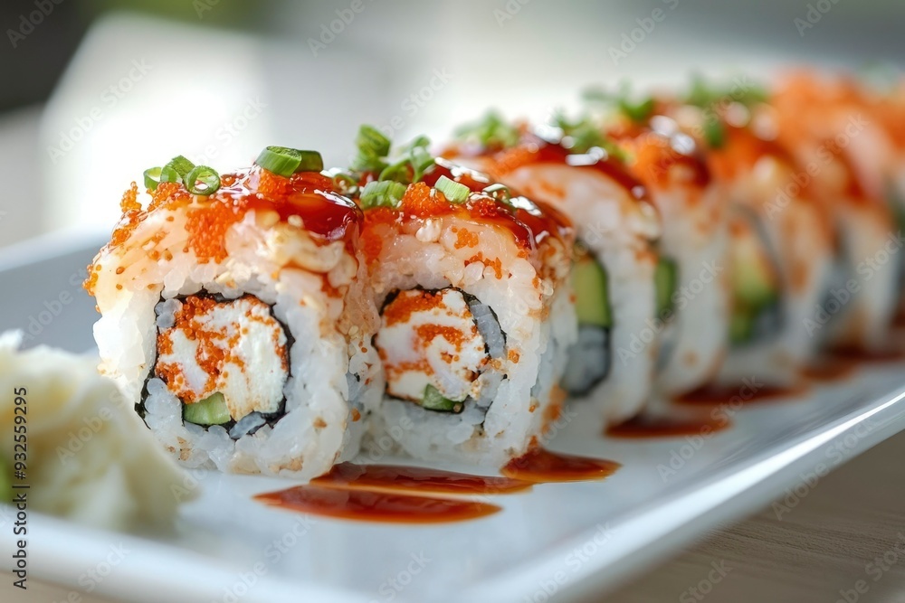 Close-up of Sushi Rolls with Toppings and Soy Sauce Close-up of Sushi Rolls with Toppings and Soy Sauce