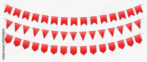 Red bunting flags, carnival party flags, festive pennants hanging on a rope. Festival vector decoration.