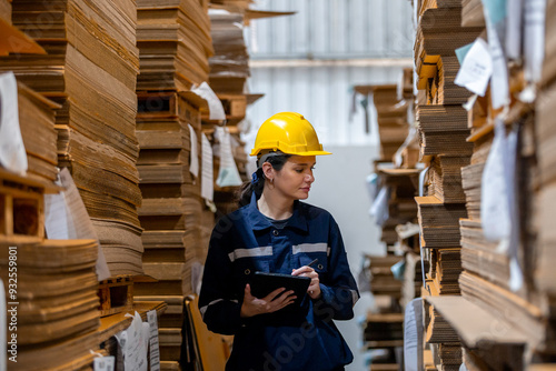 woman paper warehouse worker using tablet checking inspecting quality cardboard corrugated carton in storage. Large industry in paper product line manufacturing.