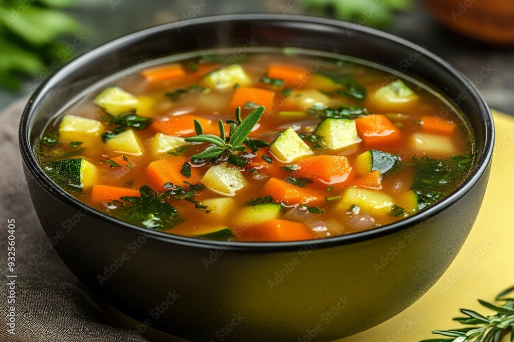 A bowl of vegetable soup with rosemary garnish A bowl of vegetable soup with rosemary garnish