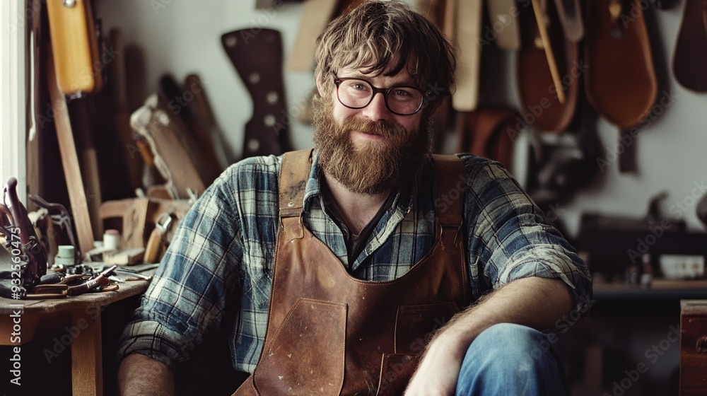 Bearded artisan in glasses and a leather apron takes a break in a charming woodshop filled with various handcrafted items, exuding warmth and creativity. Bearded artisan in glasses and a leather apron takes a break in a charming woodshop filled with various handcrafted items, exuding warmth and creativity.
