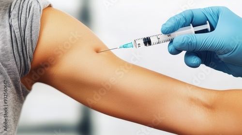 A gloved hand administers a vaccine injection into a person's arm, highlighting medical care and prevention.