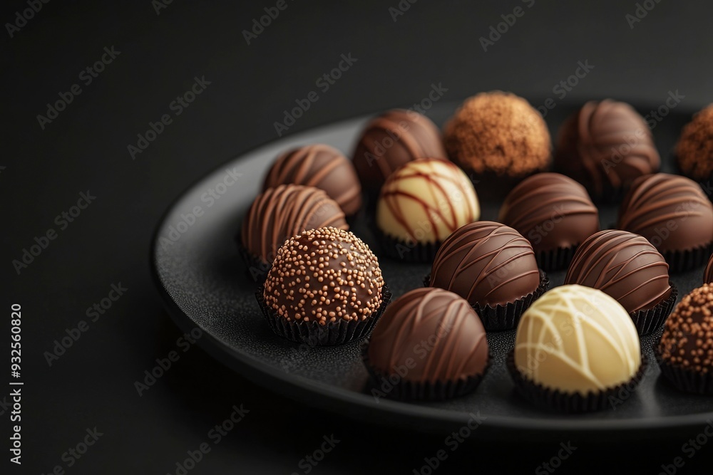 Assorted Chocolate Truffles on Black Plate Assorted Chocolate Truffles on Black Plate
