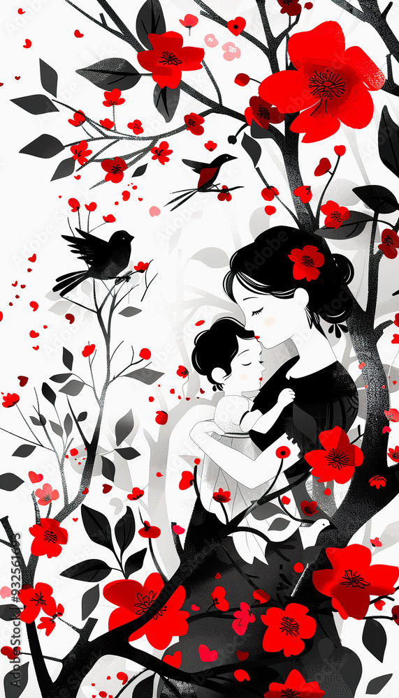 Mother and Child Embracing amidst a Blooming Red Flower Tree Mother and Child Embracing amidst a Blooming Red Flower Tree