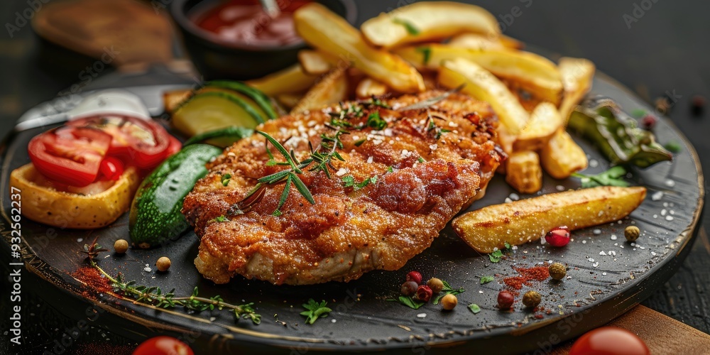 Crispy Chicken Steak with French Fries and Vegetables Crispy Chicken Steak with French Fries and Vegetables