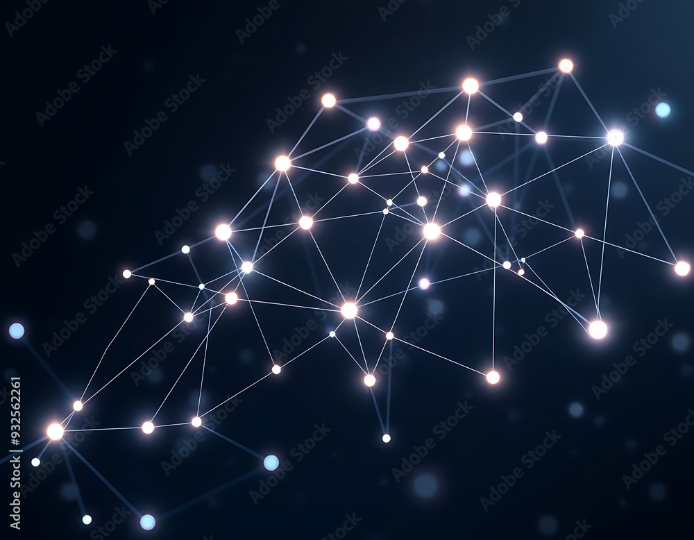 3D Floating Network of Interconnected Nodes and Lines, Illuminated by Soft Glows Against a Dark, Digital-Style Background 3D Floating Network of Interconnected Nodes and Lines, Illuminated by Soft Glows Against a Dark, Digital-Style Background