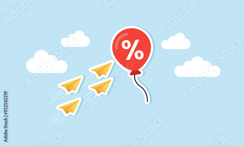 Hunting for discounts, special prices, competing to get the best deals concept of Several paper planes soaring swiftly and sharply toward a discount balloon
