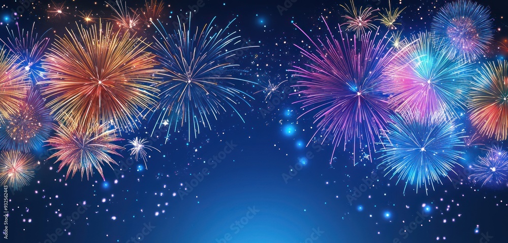 New Year's Eve celebration banner with colorful fireworks in the night sky New Year's Eve celebration banner with colorful fireworks in the night sky
