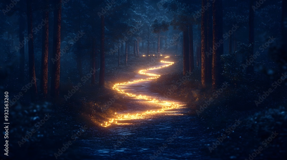 Fototapeta premium Mysterious Night Road in Pine Forest with Illuminated Car Headlights