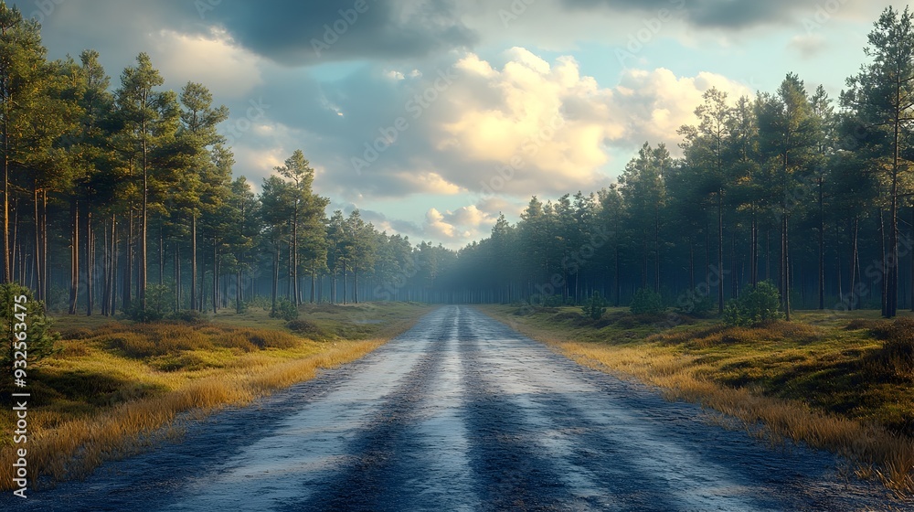 Winding Road Through Contrasting Pine Forest and Open Field Landscape Winding Road Through Contrasting Pine Forest and Open Field Landscape