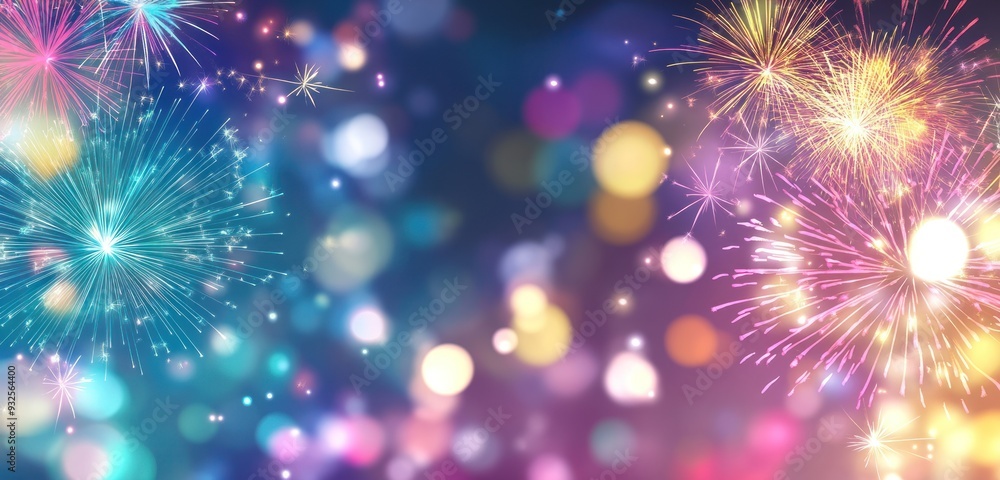 New Year's Eve celebration banner with colorful fireworks in the night sky New Year's Eve celebration banner with colorful fireworks in the night sky