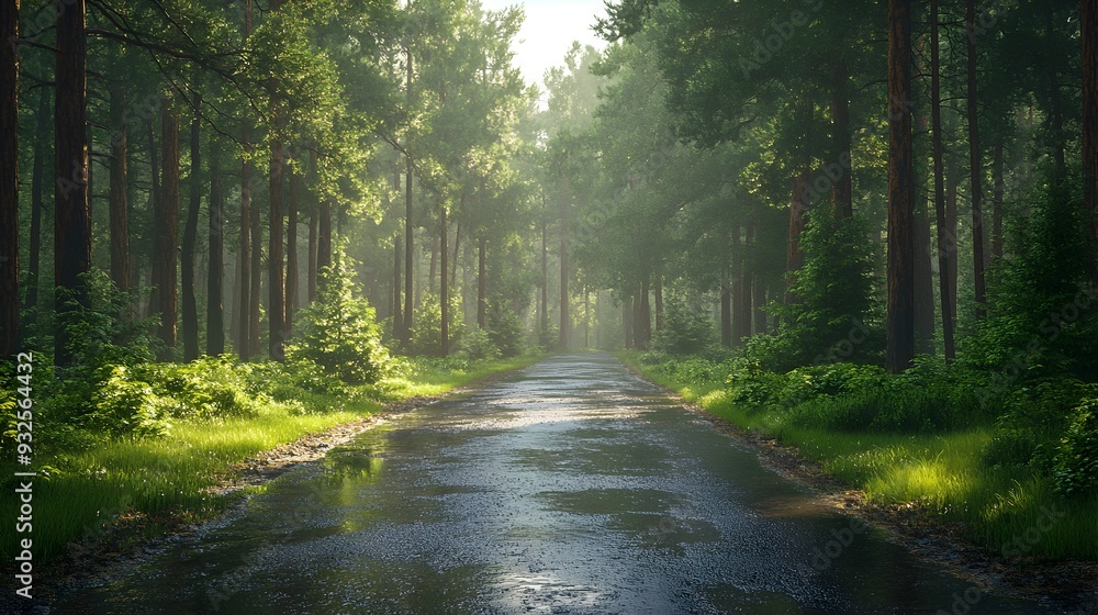 Obraz premium Quiet Road Through Lush Pine Forest After Rain Offers Refreshing Tranquility