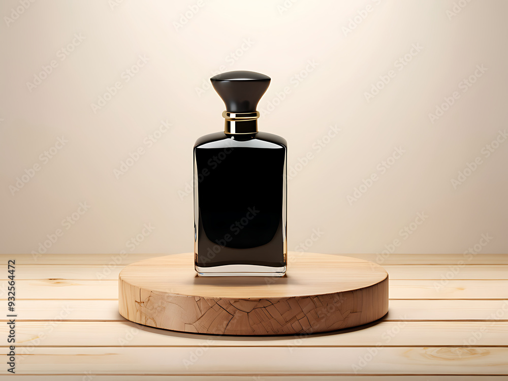 Elegant Black Perfume Bottle with a Matte Finish on a Wooden Podium, Set Against a Neutral Elegant Black Perfume Bottle with a Matte Finish on a Wooden Podium, Set Against a Neutral