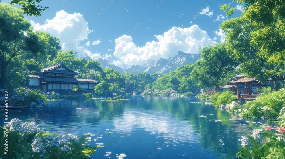 Serene Japanese Garden with Pond and Mountain View Serene Japanese Garden with Pond and Mountain View