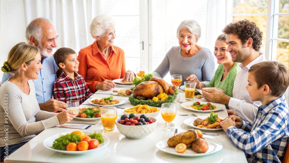 Family gathered around table enjoying Thanksgiving meal together Family gathered around table enjoying Thanksgiving meal together