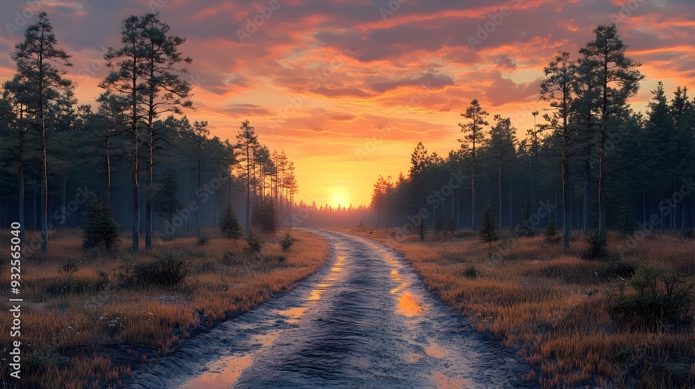 Serene Pine Forest Road at Twilight with Stunning Sunset Sky Serene Pine Forest Road at Twilight with Stunning Sunset Sky