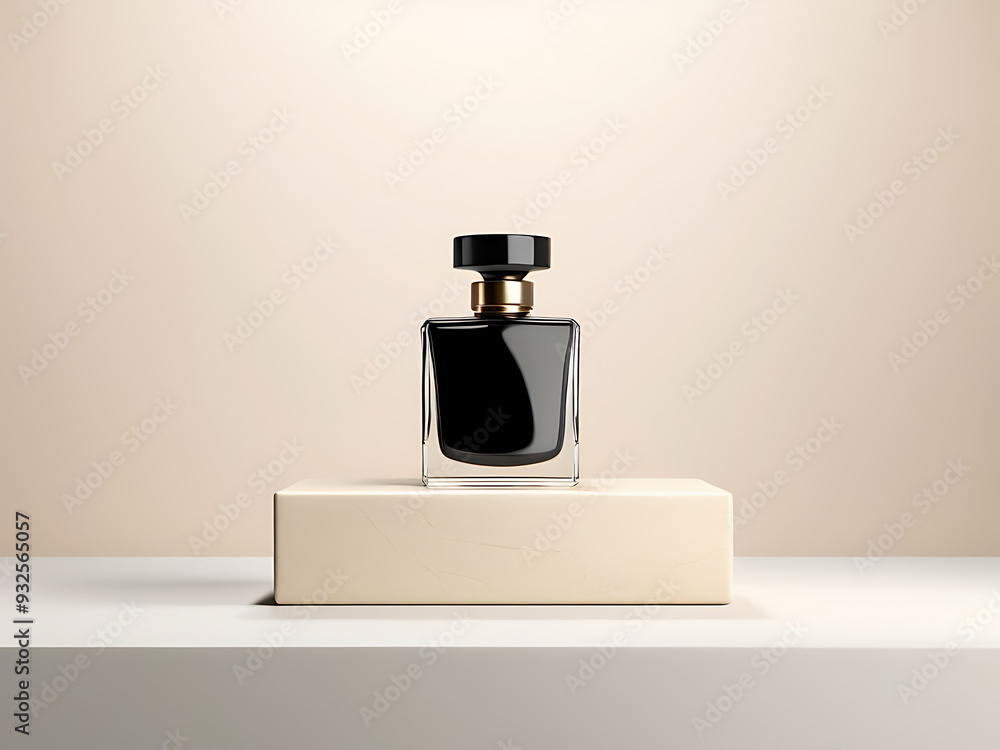 Elegant Mockup of a Plain Black Perfume Bottle on a Minimalist Podium, Set Against a Neutral Background Elegant Mockup of a Plain Black Perfume Bottle on a Minimalist Podium, Set Against a Neutral Background