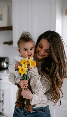 Woman holding a baby and daffodils photo