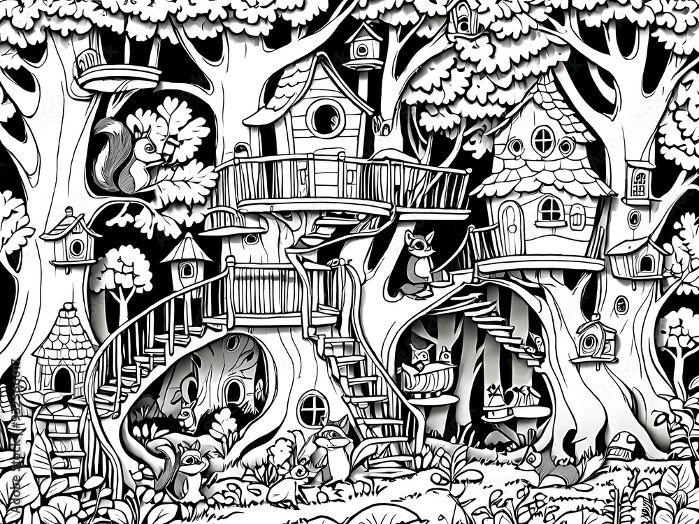 Naklejka premium Magical Treehouse Village with Playful Squirrels, Birds, Raccoons, Owlets, and Fox Cubs