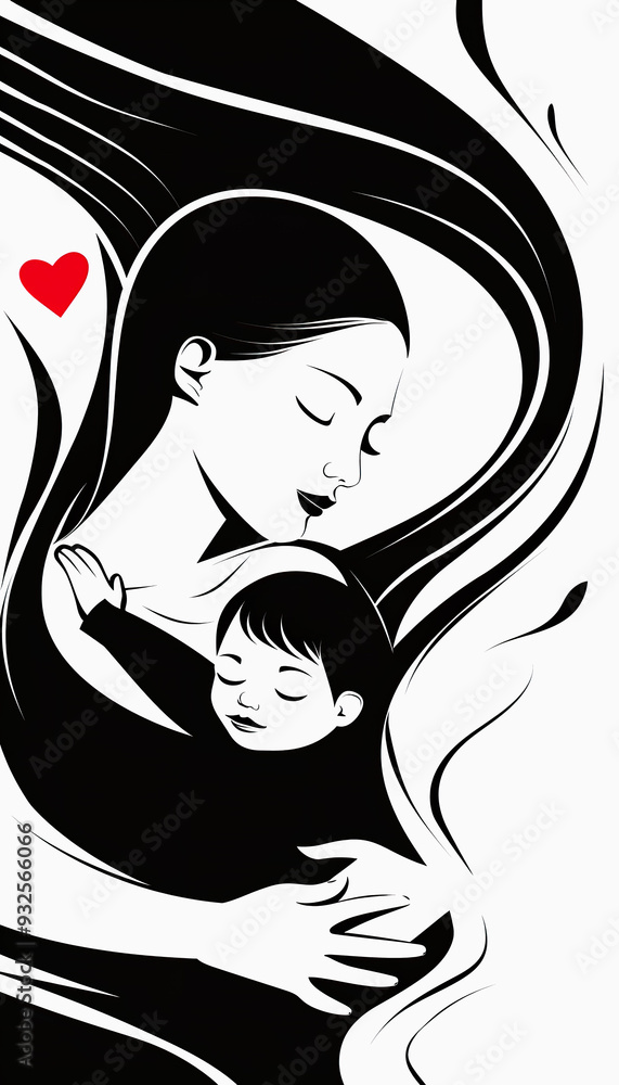 Mother Holding Sleeping Child with Heart Symbol Mother Holding Sleeping Child with Heart Symbol