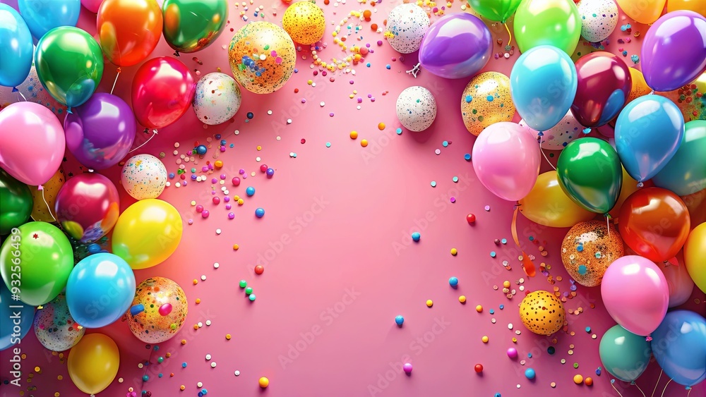 Colorful balloons and confetti creating a festive party decoration on a pink background Colorful balloons and confetti creating a festive party decoration on a pink background