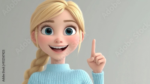 3D Cartoon of a Happy Young Blonde Girl in a Light Blue Sweater Joyfully Gesturing Finger Frame at the Camera