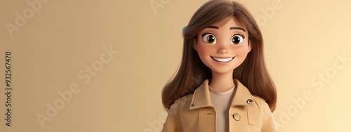3D cartoon of a happy young woman with brown hair wearing a trendy beige jacket