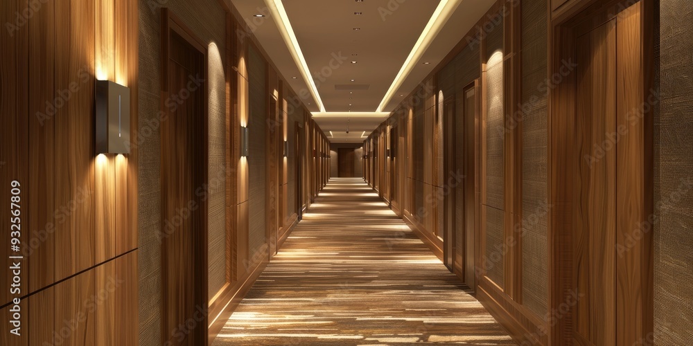Long hotel corridor with wooden walls Long hotel corridor with wooden walls