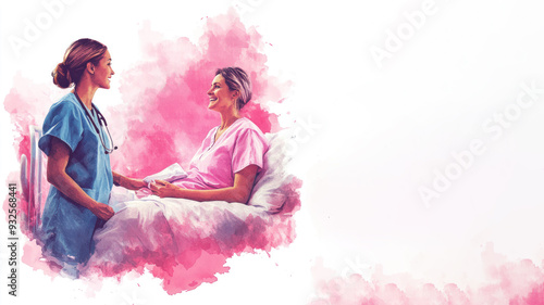 Pink watercolor painting of a nurse taking care patient on bed