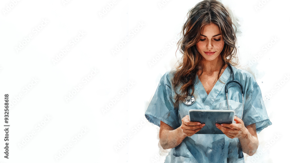 Blue watercolor painting of a nurse holding tablet, healthcare technology Blue watercolor painting of a nurse holding tablet, healthcare technology