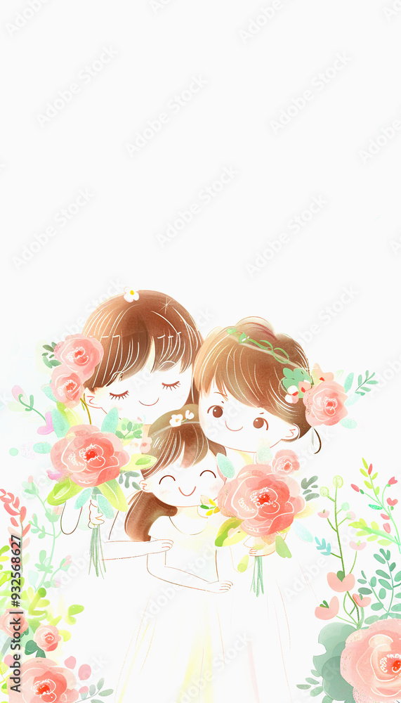 Watercolor illustration of three girls with flowers Watercolor illustration of three girls with flowers