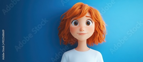 3D cartoon of a stylish red haired girl in a t shirt against a blue backdrop