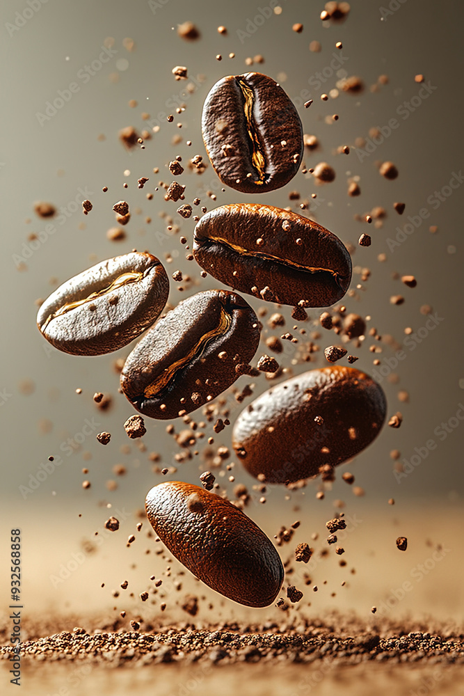 Commercial photography of coffee beans flying for advertising product. Commercial photography of coffee beans flying for advertising product.
