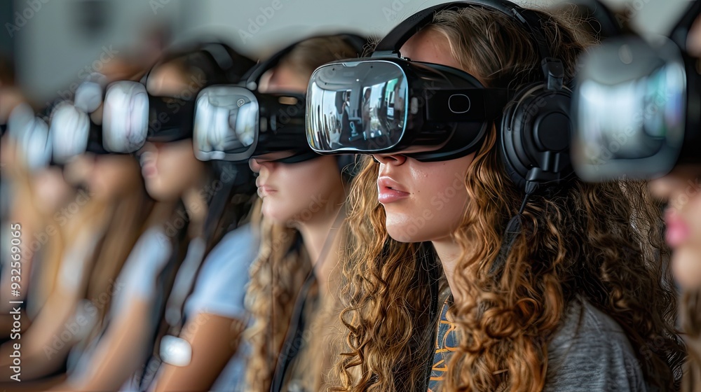 teenage students wearing virtual reality goggles at school in computer science class teenage students wearing virtual reality goggles at school in computer science class