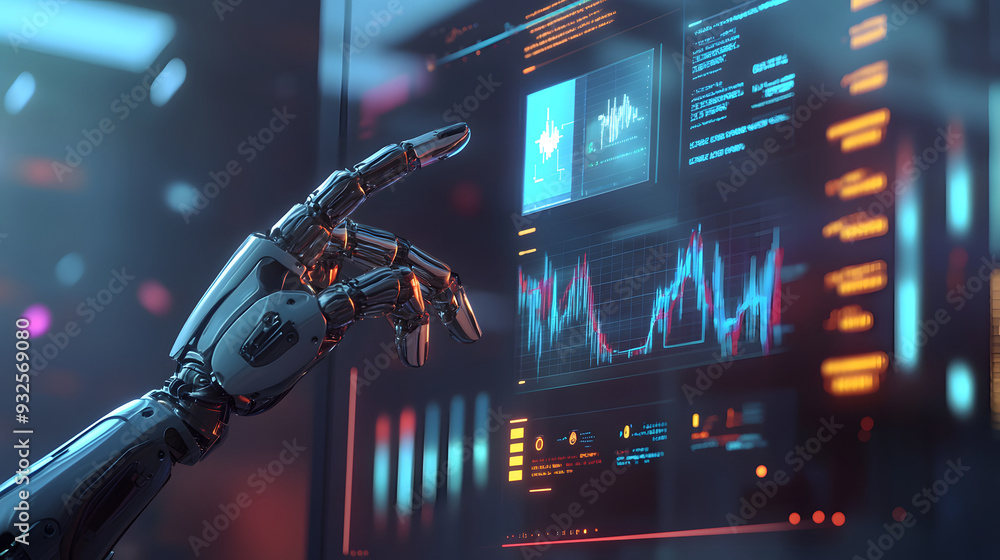 robot's hand presenting a holographic marketing plan, with innovative charts and graphs floating in mid-air, sci-fi, creative thinking concept. robot's hand presenting a holographic marketing plan, with innovative charts and graphs floating in mid-air, sci-fi, creative thinking concept.