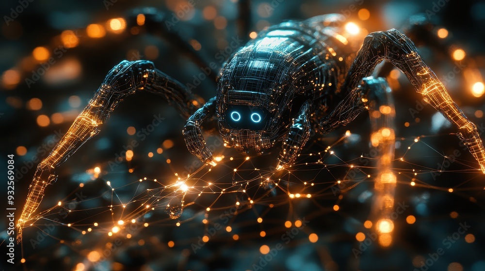 Futuristic Spider Robot in Web with Glowing Lights Futuristic Spider Robot in Web with Glowing Lights