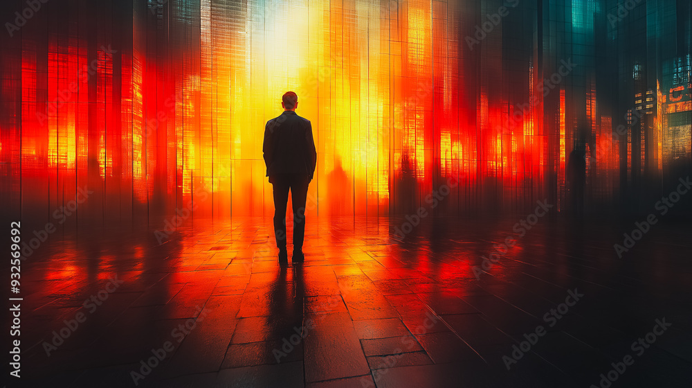 A man stands in front of a wall of red and orange lights. The man is wearing a suit and he is looking at the lights. The scene is set in a city, with buildings in the background A man stands in front of a wall of red and orange lights. The man is wearing a suit and he is looking at the lights. The scene is set in a city, with buildings in the background