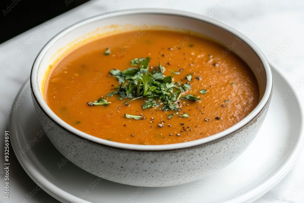 A Bowl of Creamy Orange Soup Topped with Parsley and Black Pepper A Bowl of Creamy Orange Soup Topped with Parsley and Black Pepper