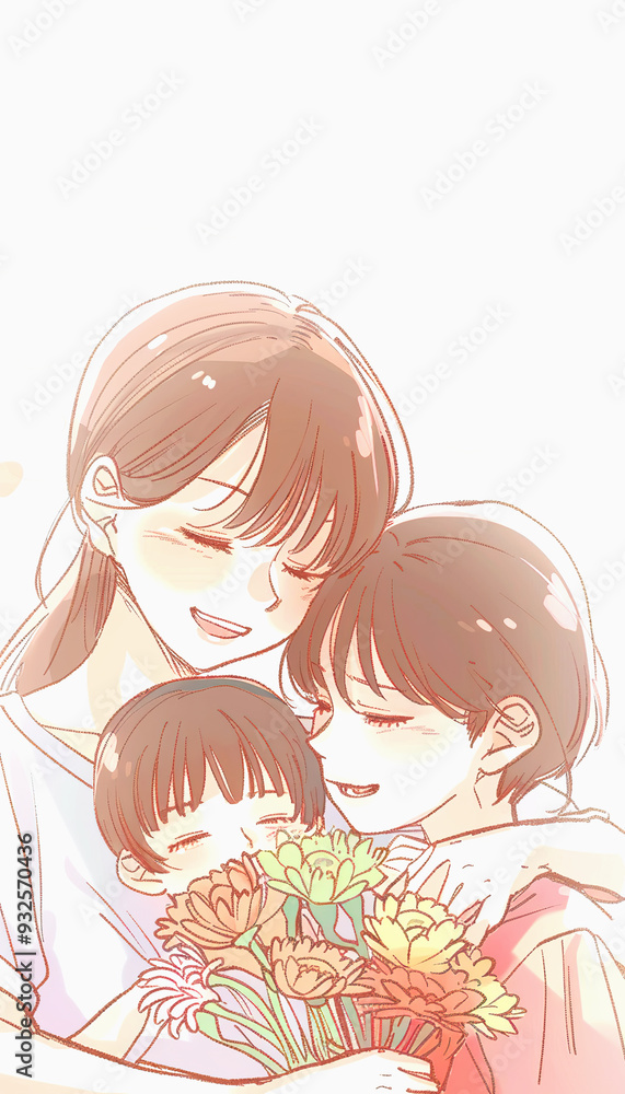 Mother and two children holding flowers with closed eyes Mother and two children holding flowers with closed eyes