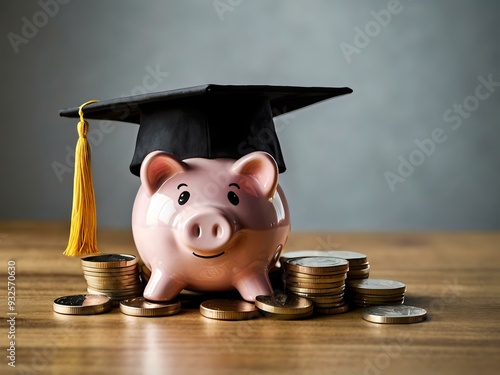 Piggy bank with coins and black graduation cap as a symbol of education loan