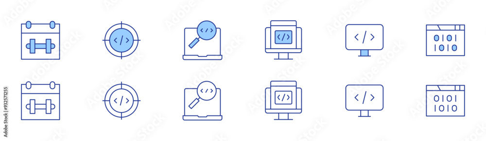 Programming icon set in two styles, Duotone and Thin Line style. Editable stroke. date, coding, software engineering, binary code, search Programming icon set in two styles, Duotone and Thin Line style. Editable stroke. date, coding, software engineering, binary code, search