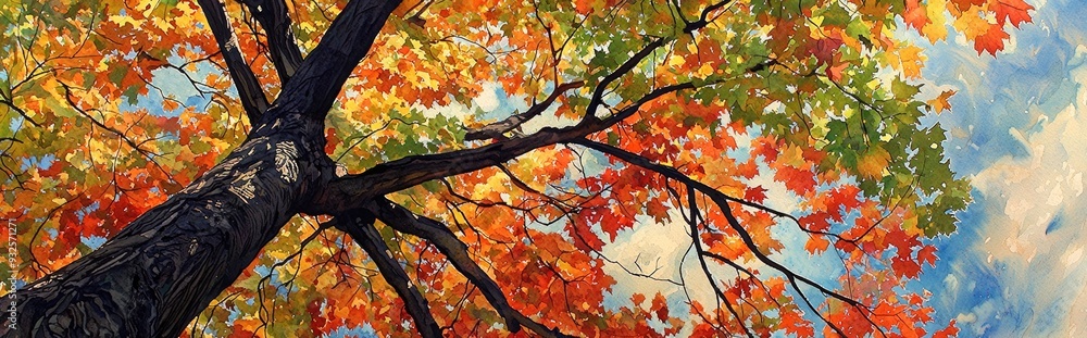 A grand maple tree adorned with vibrant foliage A visual representation of green red orange and yellow leaves contrasted against the sky A display of watercolor hues during the autumn season A grand maple tree adorned with vibrant foliage A visual representation of green red orange and yellow leaves contrasted against the sky A display of watercolor hues during the autumn season