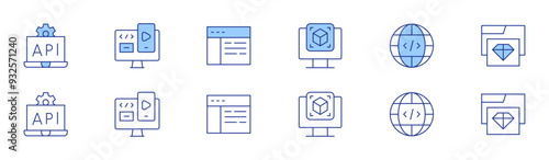 Programming icon set in two styles, Duotone and Thin Line style. Editable stroke. d modeling, programming, api, clean code, responsive, webpage
