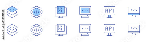 Programming icon set in two styles, Duotone and Thin Line style. Editable stroke. layer, coding, gear, application, binary code
