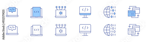 Programming icon set in two styles, Duotone and Thin Line style. Editable stroke. web programming, binary code, coding, api, interchange